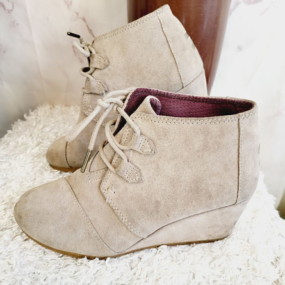 Tom tan suede wedge booties